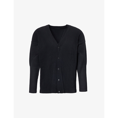 Issey Miyake Pleated Buttoned Cardigan In Blue