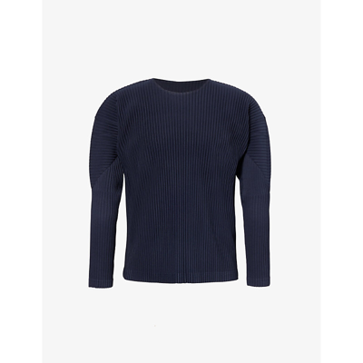 Issey Miyake Homme Plisse  Mens 75-navy Pleated Crewneck Knitted T-shirt