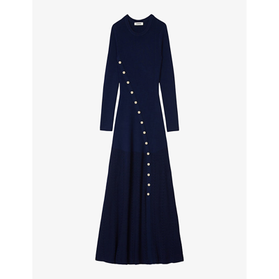 Sandro Womens Bleus Button-embellished Knitted Maxi Dress
