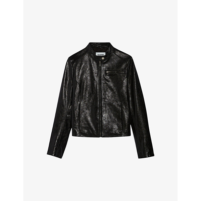 Claudie Pierlot Womens Noir / Gris Stand-collar Slim-fit Leather Jacket