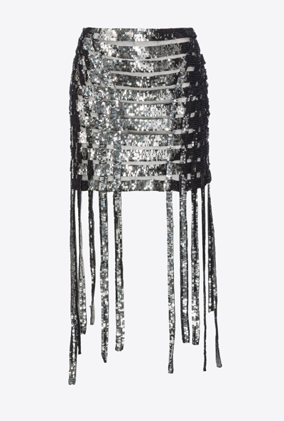 Pinko Sequin-lace Mini Skirt With Fringing In Gun Metal Grey