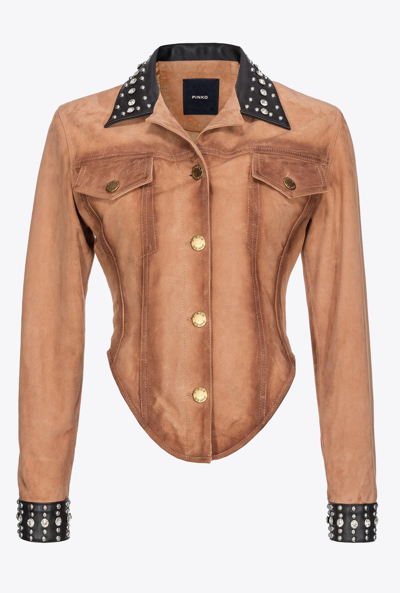 Pinko Bustier Jacket In Aged-effect Suede With Studs In Tawny-brown Beige