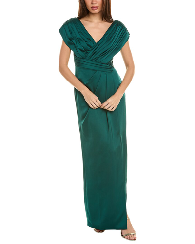 Theia Acari Pleated Satin Column Gown In Green