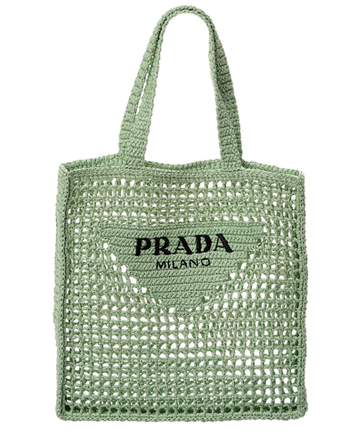 Prada Logo Embroidered Woven Tote Bag In Green