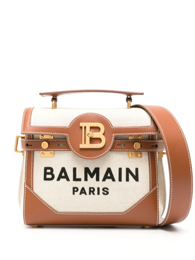 Balmain B-buzz 23 Leather And Canvas Bag In Brown