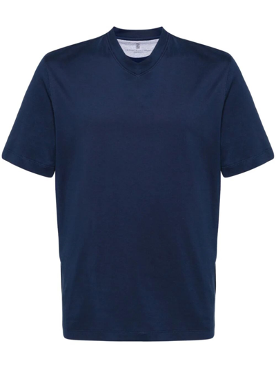 Brunello Cucinelli V-neck Cotton T-shirt In Blue