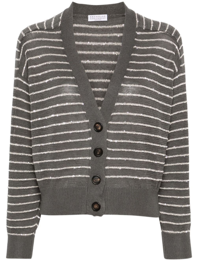 Brunello Cucinelli Cotton Knit Glam-stripe Cardigan In Cmc48 Slate