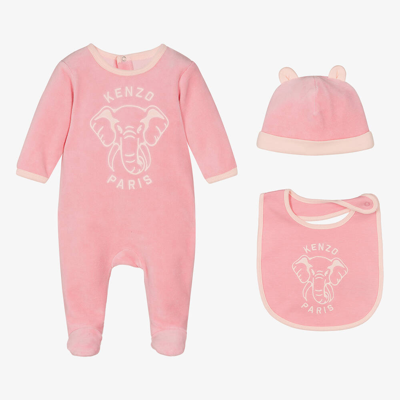 Kenzo Kids Girls Pink Velour Elephant Babysuit Set