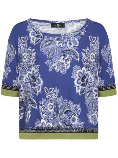 Etro Bandana-print Fitted Cotton T-shirt In Blue