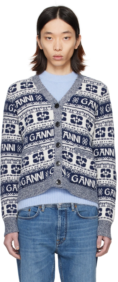 Ganni Navy & White Patch Pocket Cardigan In Sky Captain