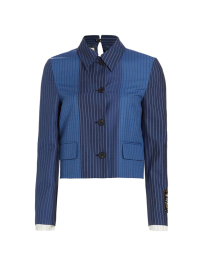 Marni Cropped Contrast Pinstripe Shirt Jacket In Blumarine