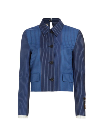 Marni Women's Pinstriped Wool Cropped Jacket In Blue