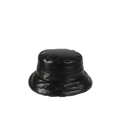 Prada Leather Logo Hat In Black