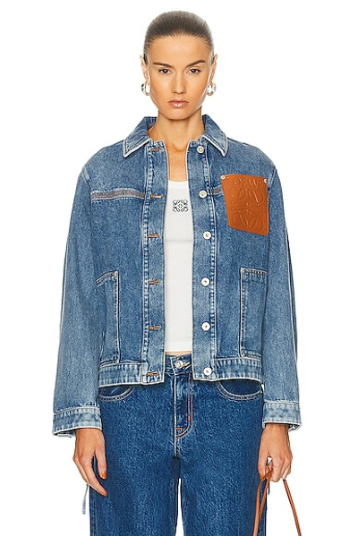 Loewe Blue Cotton Workwear Jacket With Leather Detail In Navy