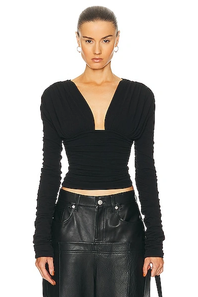 Interior Vera Plunging Ruched Long-sleeve Top In Black