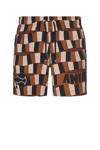 Amiri Logo-print Checked Swim Shorts In Brown
