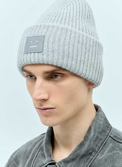 Acne Studios Large Face Logo Beanie Hat In Gray