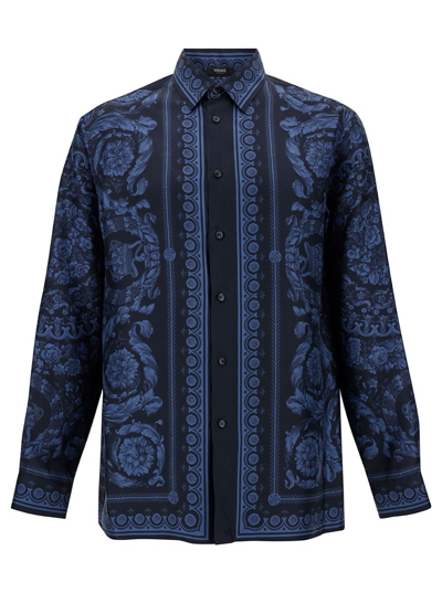 VERSACE BLACK AND BLUE SHIRT WITH ALL-OVER BAROCCO PRINT IN SILK MAN