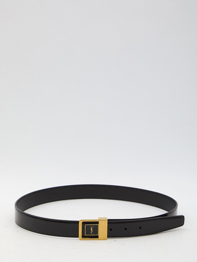 Saint Laurent Cassandre Buckle Leather Belt In Black