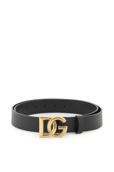 Dolce & Gabbana Lux Leather Belt With Crossed Dg Logo In Black