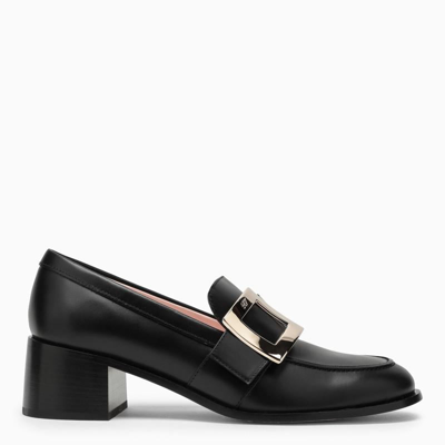 Roger Vivier Black Leather Loafer With Square Toe, Metal Buckle, And 5.5cm Heel For Women