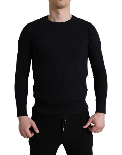 Dolce & Gabbana Blue Cotton Round Neck Pullover Sweater In Black
