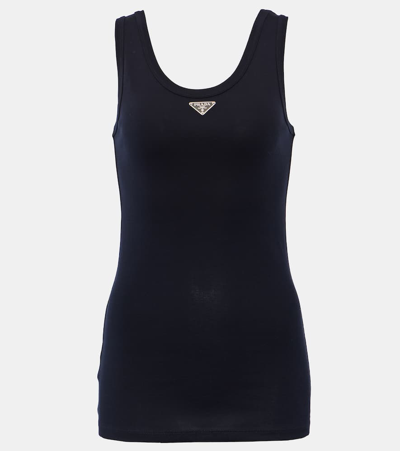 Prada Logo Cotton Jersey Tank Top In Black