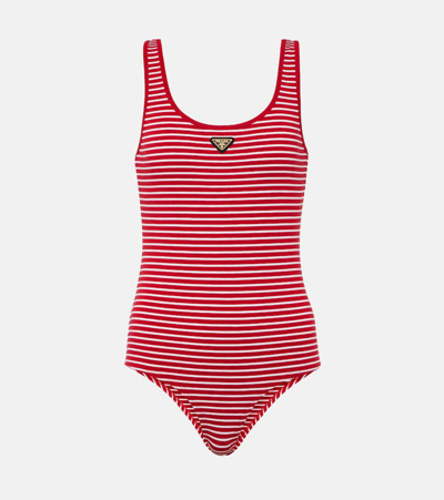 Prada Logo Cotton-blend Bodysuit In Red