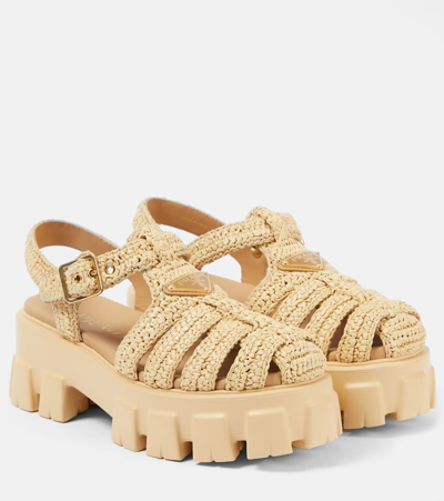 Prada Monolith Raffia-effect Sandals In Neutral