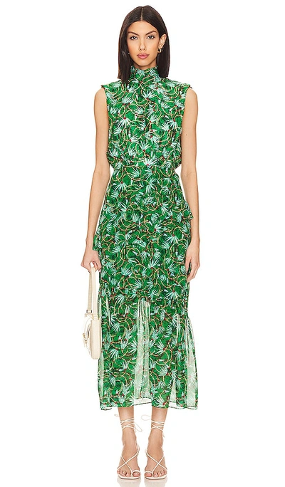 Saloni Fleur Silk Sleeveless Tiered-ruffle Midi Dress In Green