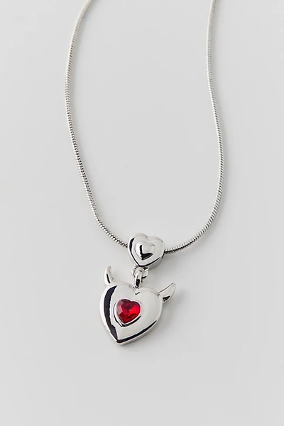 Urban Outfitters Devil Heart Charm Necklace In Silver/red, Women's At