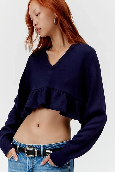 Urban Renewal Remade Peplum V-neck Sweater In Navy, Women's At Urban Outfitters