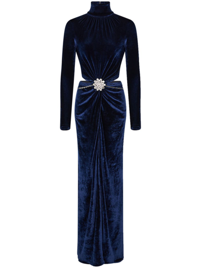 Rabanne Mock-neck Velvet Ruched Cutout Gown With Crystal Accent In Blue