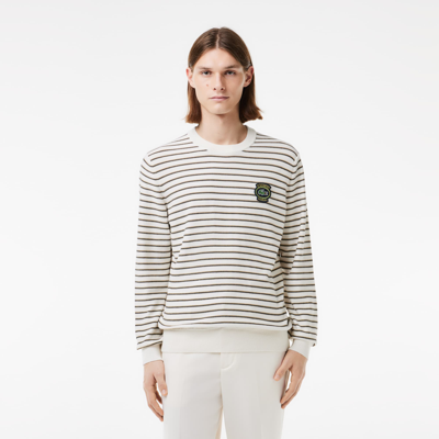 Lacoste Men's Striped Cotton Badge Crew Neck Sweater - L - 5 In White