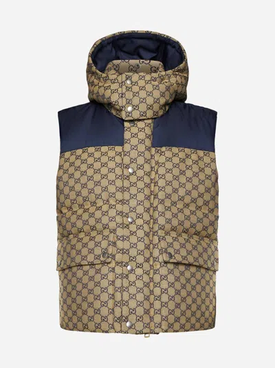 Gucci Gg Canvas Down Vest With Detachable Hood In Beige,blue