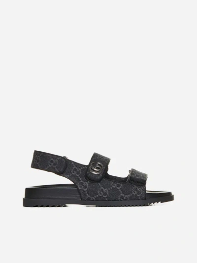 Gucci Gg Denim Sandals In Black,mid Grey