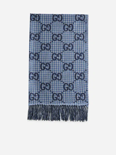 Gucci Gg Houndstooth Wool Scarf In Blue