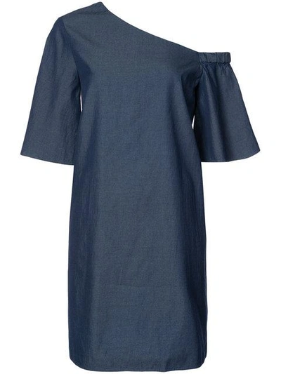 Tibi Cotton Dark Denim One-shoulder Dress In Blue