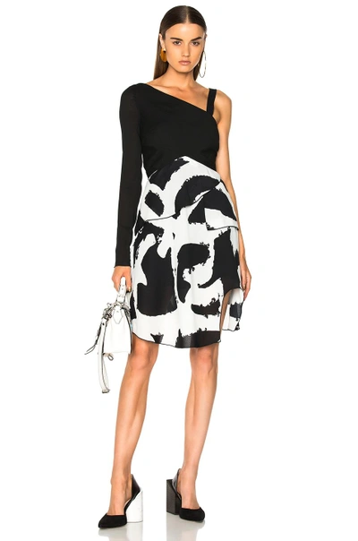 Proenza Schouler Pleated Printed Crepe One Sleeve Bandage Waist Dress In Abstract,black,white