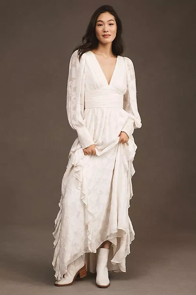 Bhldn Donna Long-sleeve V-neck Ruffled Maxi Dress In White