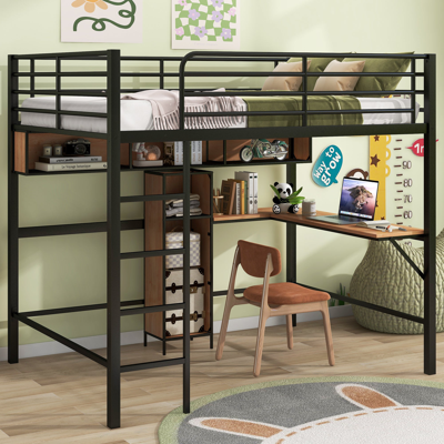 Simplie Fun Full Size Metal & Wood Loft Bed With L -shaped Desk And Shelves In Black