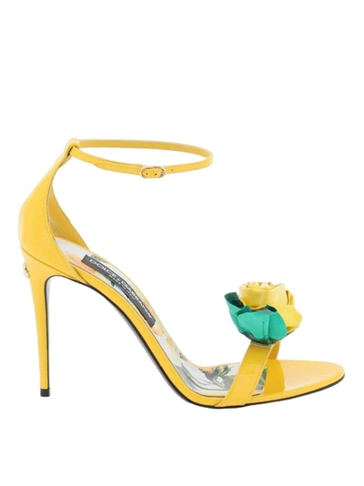 Dolce & Gabbana Patent Leather Sandals With Flower In Yellow