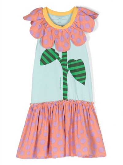 Stella Mccartney Kids' Pink Flower Flared Dress In Blue