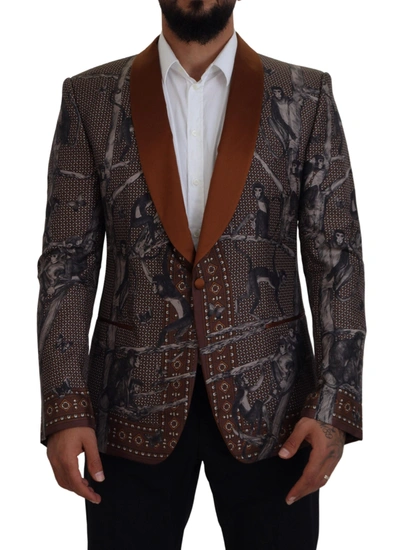 Dolce & Gabbana Bronze Monkey Print Silk Slim Jacket Blazer In Brown