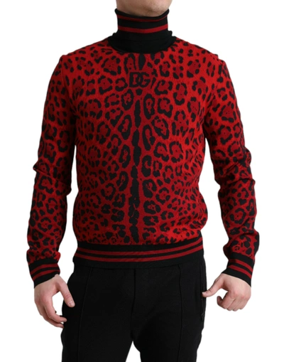 Dolce & Gabbana Red Leopard Print Turtleneck Pullover Sweater In Black And Red