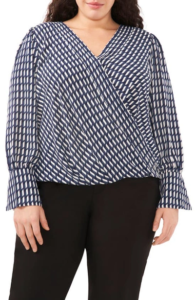 Halogen Check Print Faux Wrap Top In Classic Navy