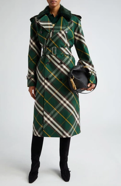 BURBERRY CHECK WATER RESISTANT GABARDINE TRENCH COAT WITH REMOVABLE FAUX FUR COLLAR