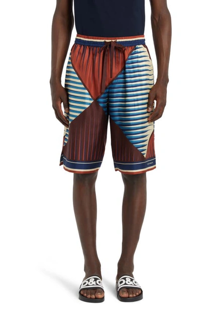 Dolce & Gabbana Bermuda Shorts With Multicolor Geometric Print In Silk Man In Brown