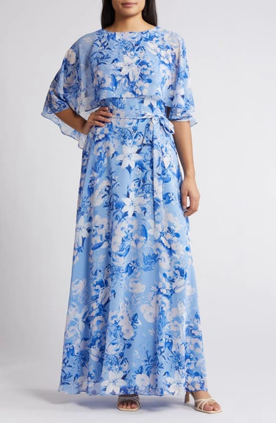 Eliza J Floral Capelet Overlay Cocktail Dress In Periwinkle