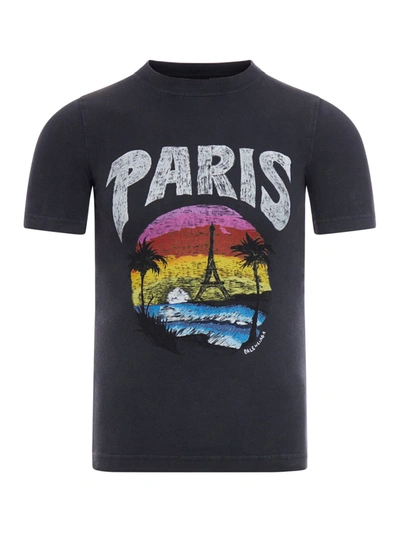Balenciaga Fitted T-shirt Paris Tropical Str Jersey Peel In Black